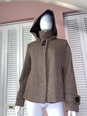 Route 66 Brown Herringbone Hooded Pea Coat